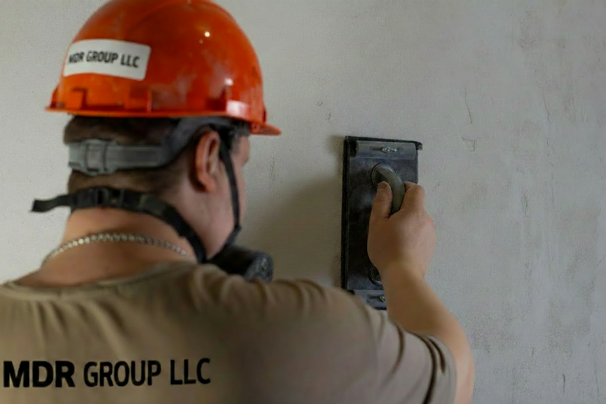 Drywall sanding and finishing in apartment corridor